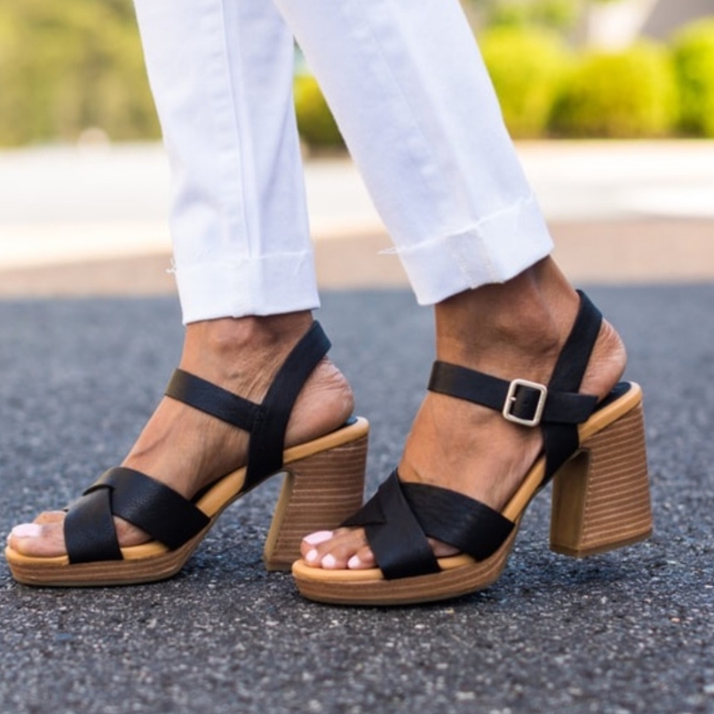 Kork Ease Heel Sandals Hutton Black Cross Strappy Leather Chunky Block Sz 7 - Picture 11 of 14